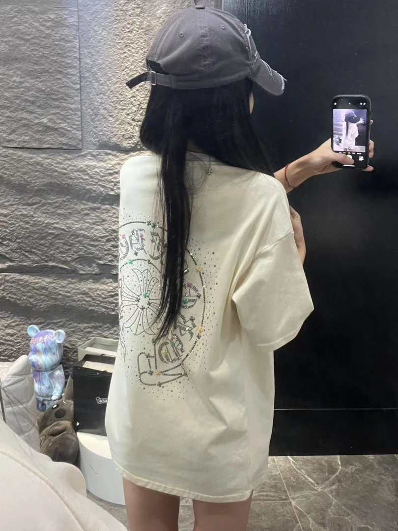 【杨娇娇COCO】夏季新款梵文烫钻短袖T恤男女同款潮牌