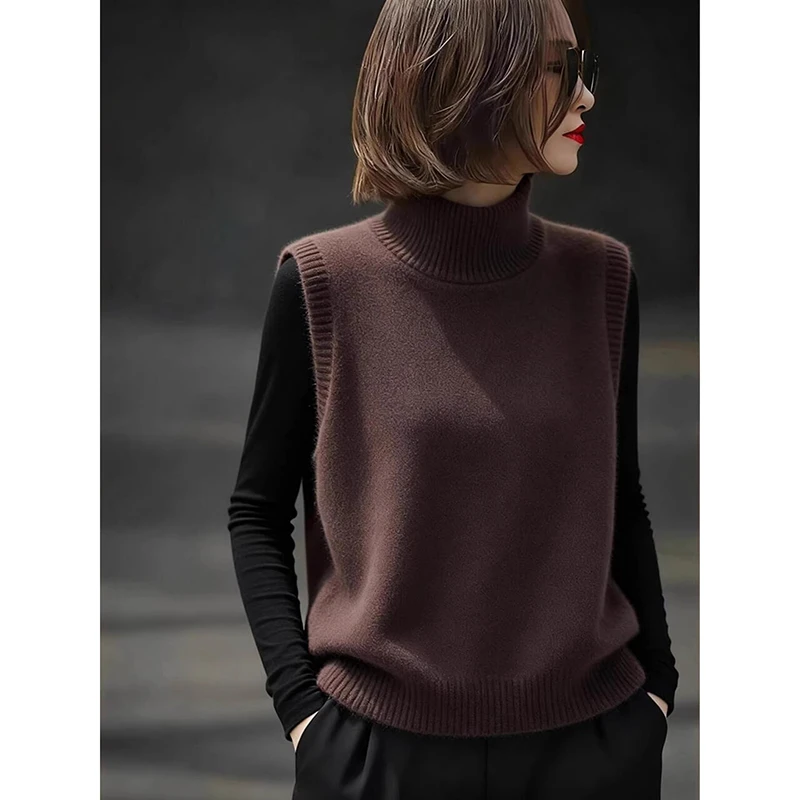 韩版慵懒风无袖毛衣套装2025年秋季新款咖色高领针织马甲女两件套