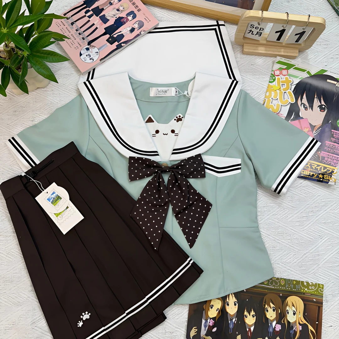 川海阁原创【喵不可言】秋冬新品薄荷绿长袖款水手服棕色裙子套装jk
