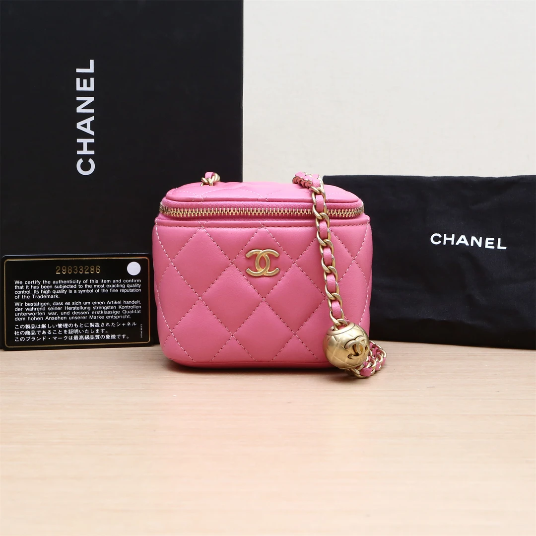 95新 Chanel/香奈儿 【念念】方盒子化妆包 粉色 金球调节扣