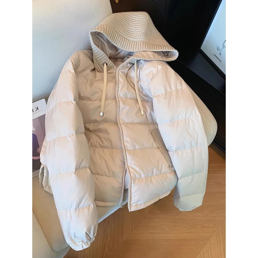 针织拼接连帽棉服外套女2025秋冬新款洋气时尚宽松高级感棉服时尚