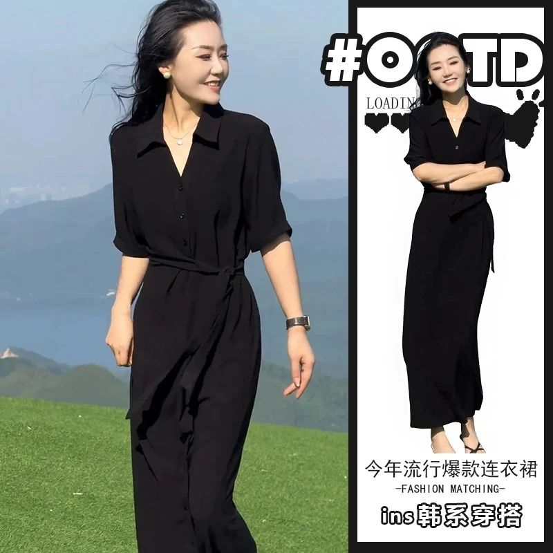 2025年轻奢高级感气质正式场合法式赫本风黑色连衣裙夏季长裙子