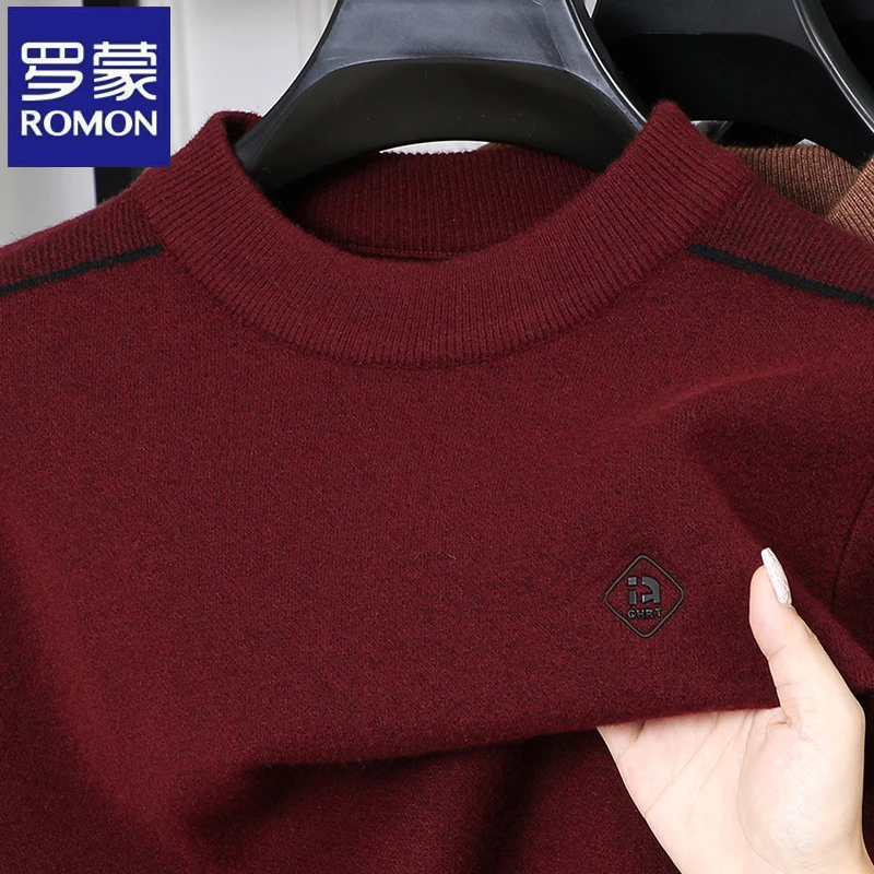 罗蒙红色中年爸爸装本命年针织衫春秋季新款圆领喜庆打底衫毛衣潮