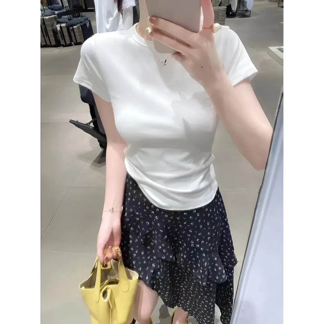 夏季新款洋气衣服女装韩系正肩短袖T恤高腰显瘦不规则碎花半身裙