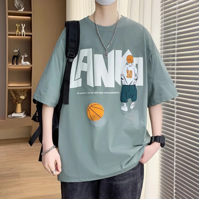 纯棉短袖t恤男夏季青少年潮流百搭印花半袖T初中高中学生大童体恤