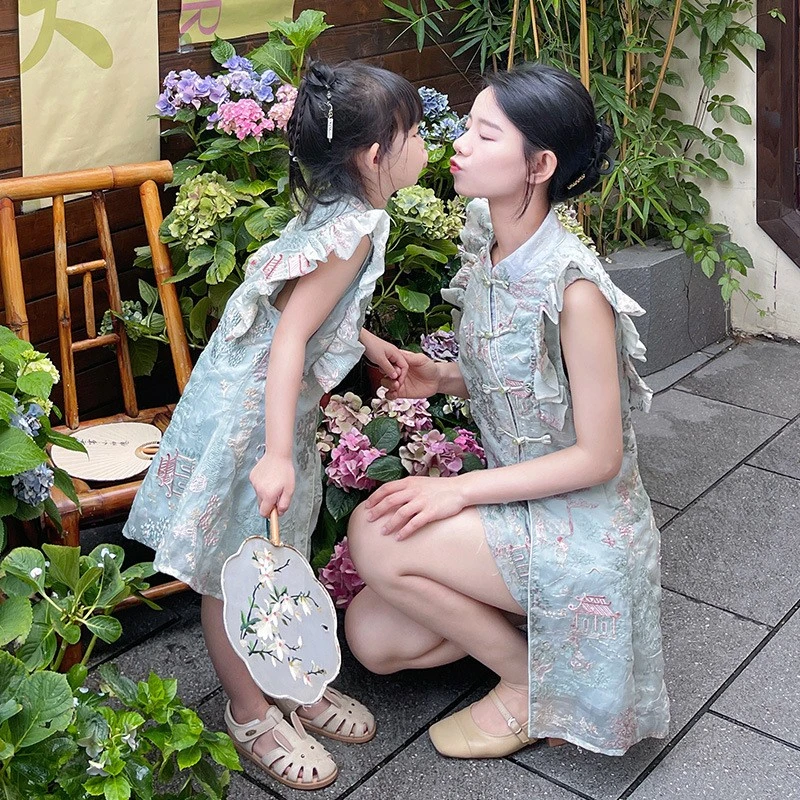 中式2025夏季新款旗袍亲子装雪纺绣花短袖裙子上衣母女套装复古风