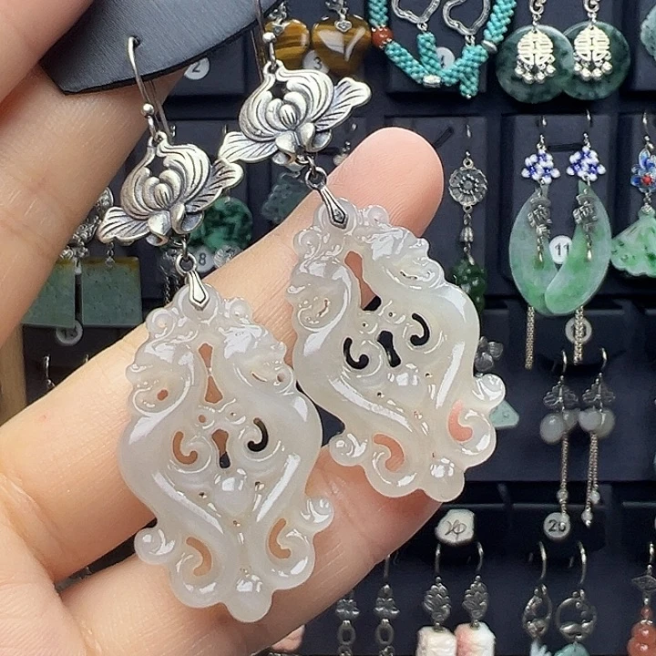 粉***爱和田玉银S925镶嵌耳饰