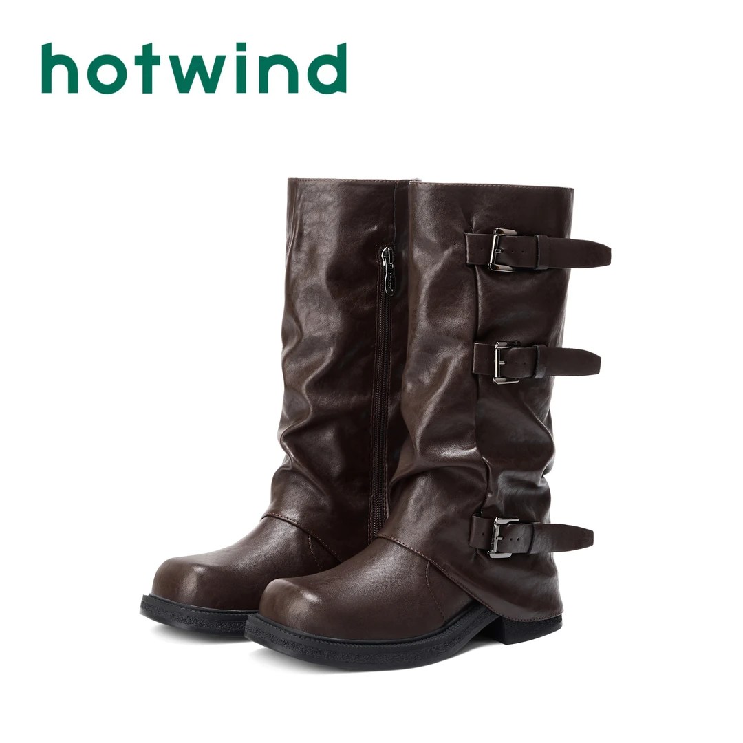Hotwind热风爆款高筒长靴女2025新款秋季西部牛仔堆堆靴骑士靴