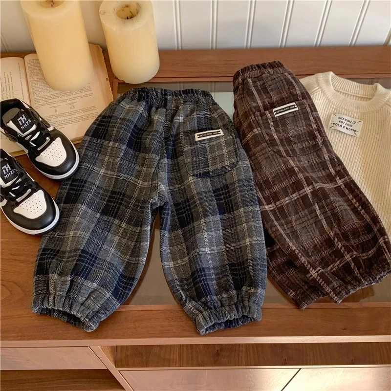 男女童加绒加厚呢料格子裤冬季新款儿童一体绒裤子韩版休闲束脚裤