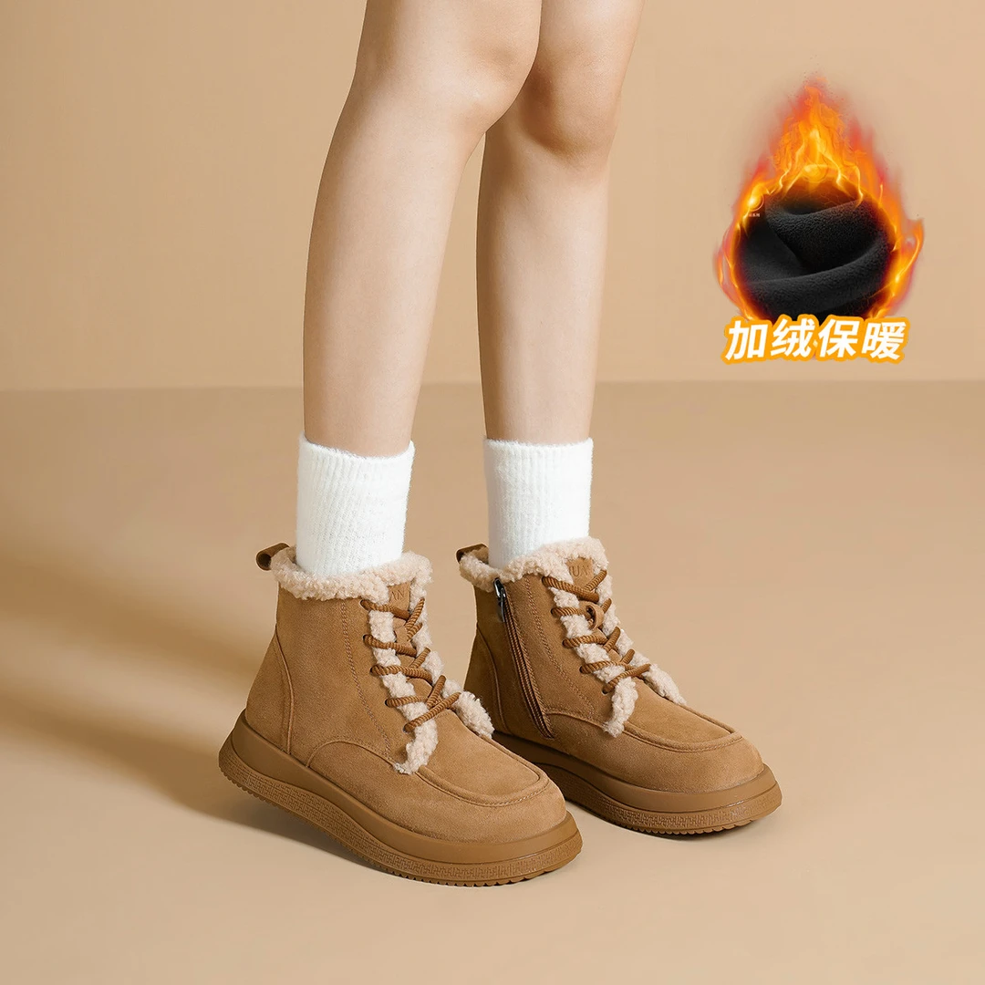 华耐雪地靴女2025新款秋冬加绒保暖加厚马丁靴短筒英伦风百搭棉靴