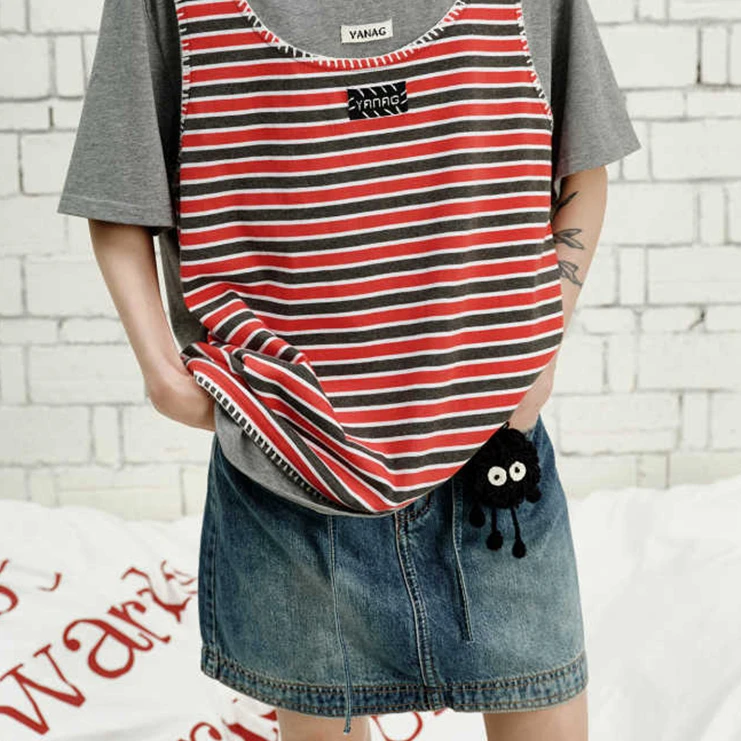 YANAG原创设计小煤球钩针牛仔迷你裙经典水洗做旧可爱印花裙子