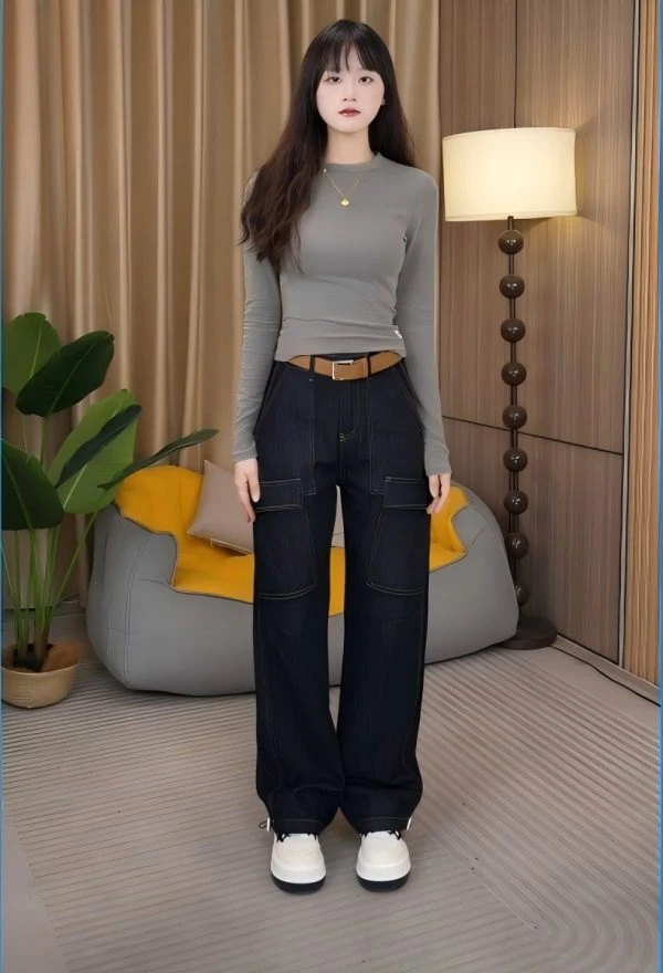 2025早秋女长裤牛仔裤女加长直筒裤阔腿裤洗复古设计工装款