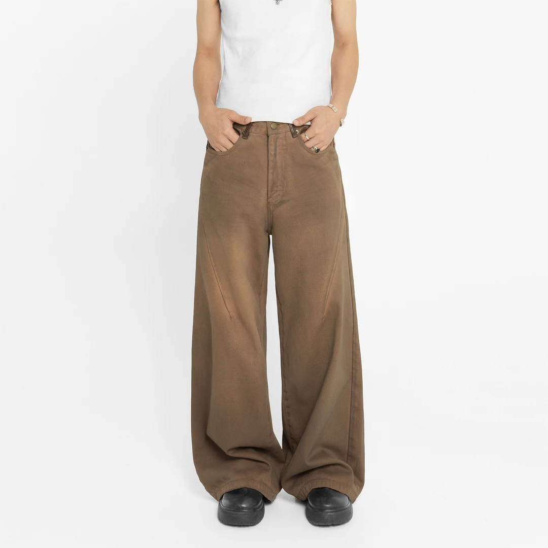 US5自制 水洗做旧直筒牛仔裤男女款老钱风A字版型休闲工装裤秋冬