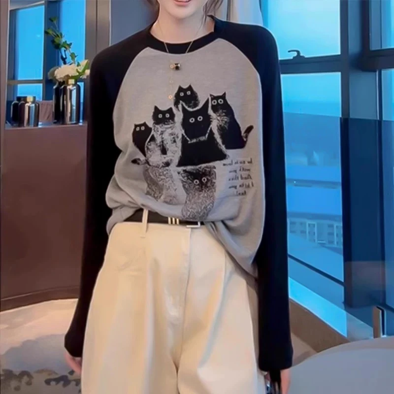 秋季新款时尚猫咪插肩袖绵羊毛撞色拼接长袖圆领针织衫上衣A258