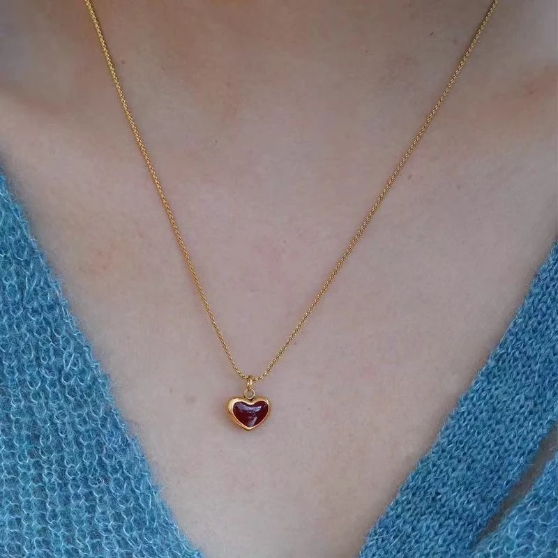 钛钢项链 钛钢材质 双面红色爱心项链 LL