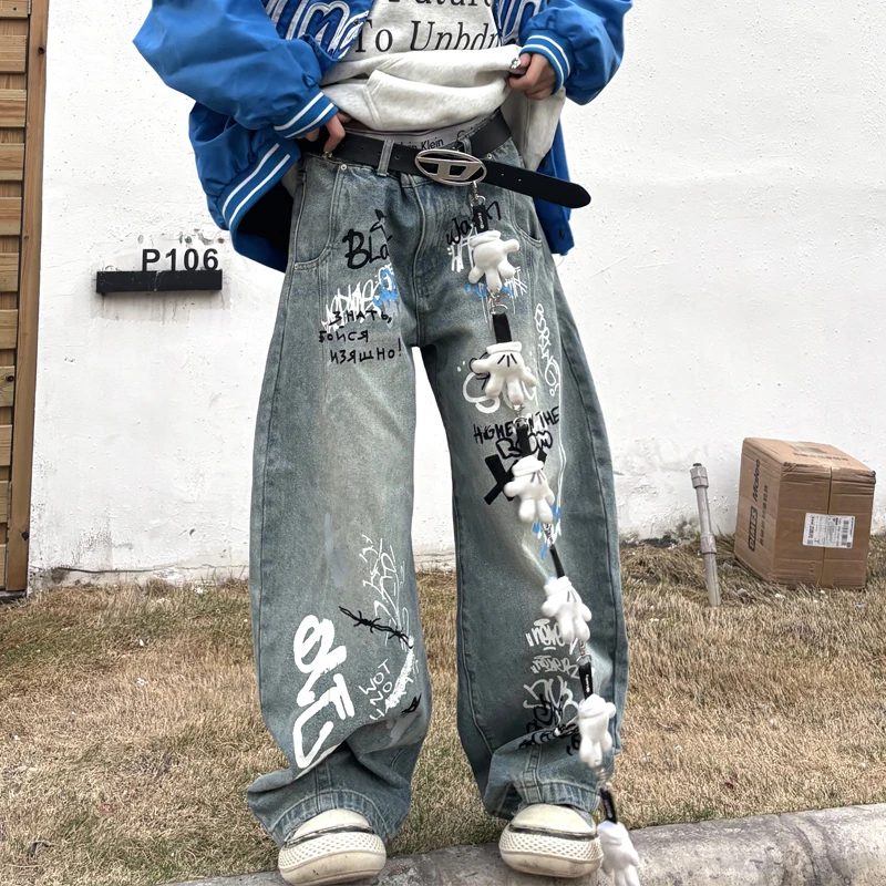ANDLIFE品牌2025新品潮牌涂鸦阔腿弯刀裤牛仔裤嘻哈潮男女同款