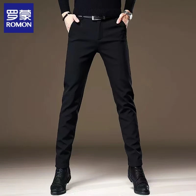 罗蒙高档男士商务休闲裤子男秋冬黑色长裤男修身小脚直筒加绒西裤