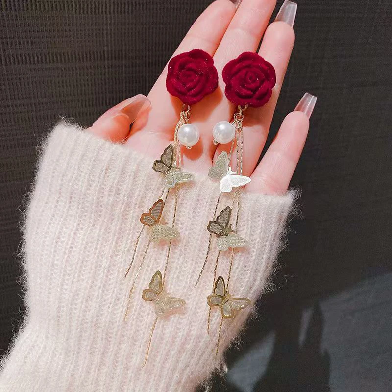 合金耳饰 丝绒玫瑰蝴蝶流苏长款复古法式耳环超仙耳钉秋冬耳饰