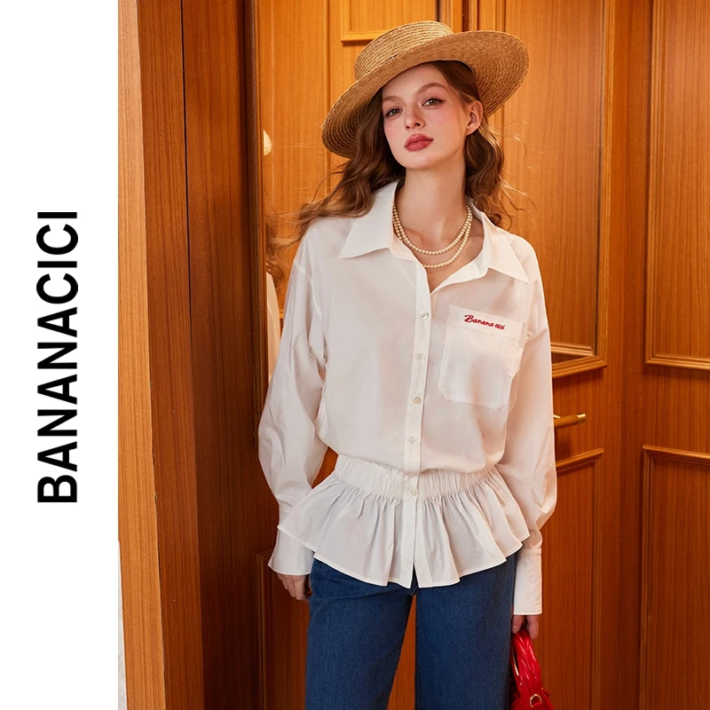 BANANA CICI2025年春季新款学院风收腰显瘦荷叶边宽松长袖衬衫
