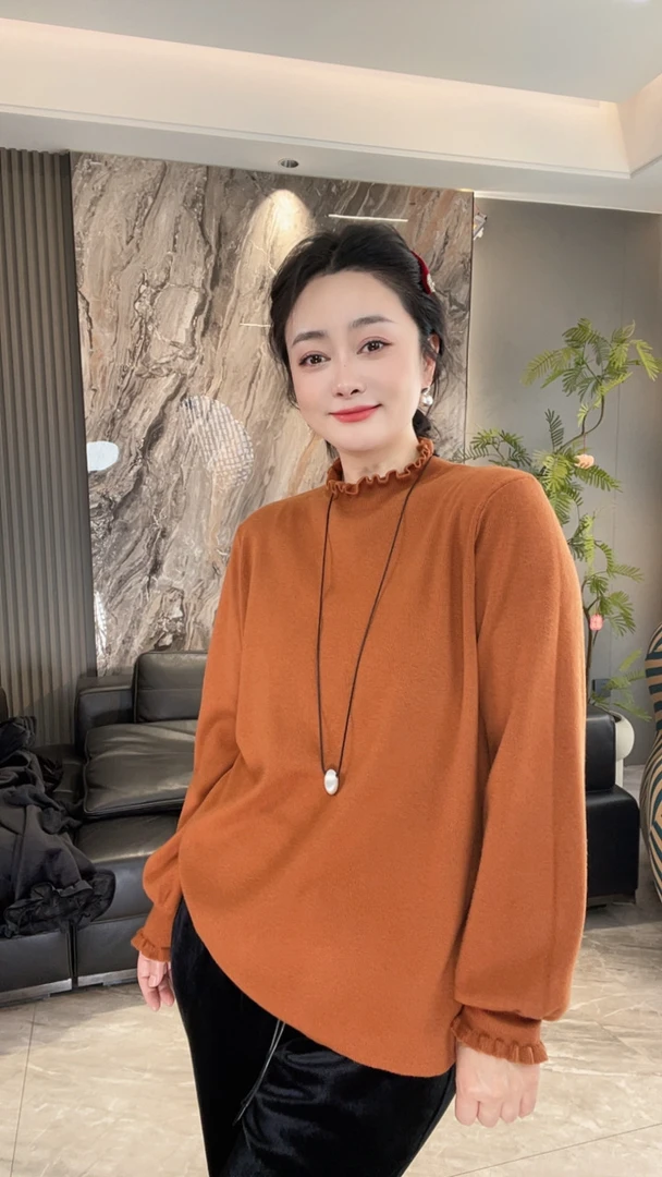 【冲姐】秋冬设计感灯笼袖花边纯色针织毛衣（胸围114衣长67）70288