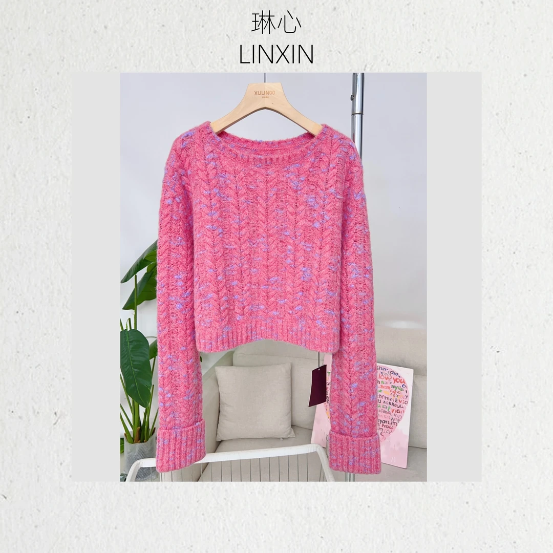 秋冬时尚百搭气质时尚粉色挑染套头针织衫0833