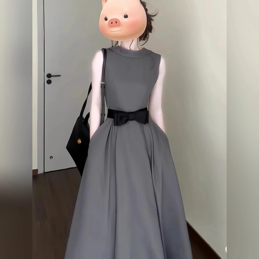 夏日绝美灰色无袖背心连衣裙子女夏季2025新款高级感韩系收腰长裙