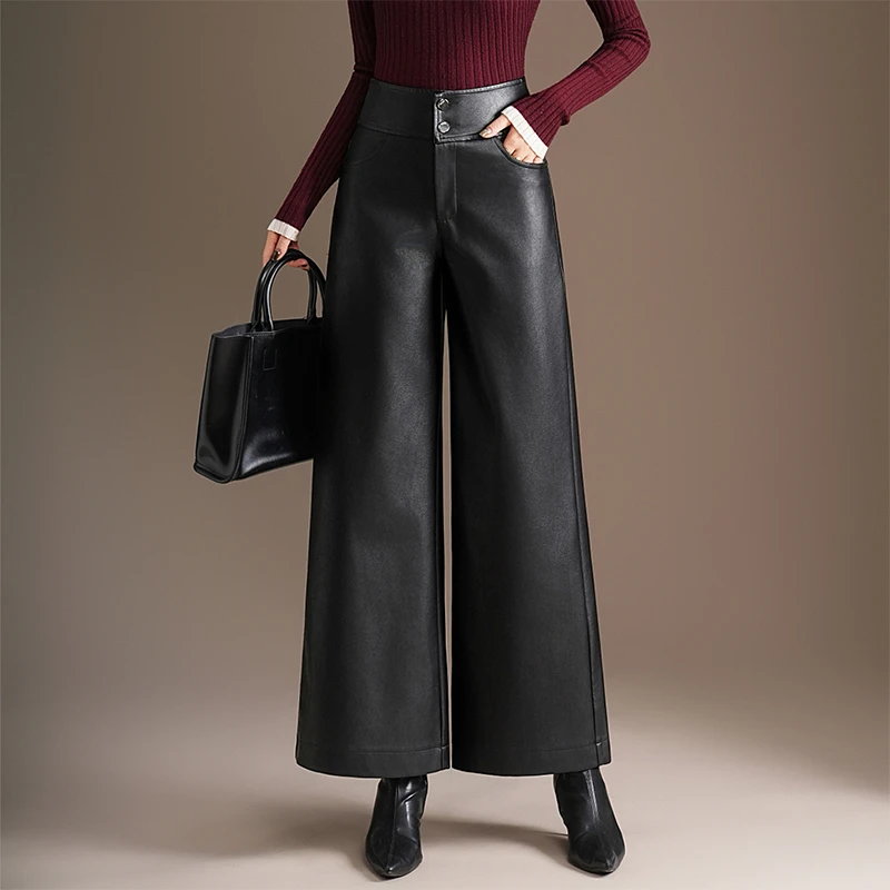 PU皮阔腿裤2025秋冬新款高腰修身遮肉直筒裤百搭黑色宽松垂感裤子