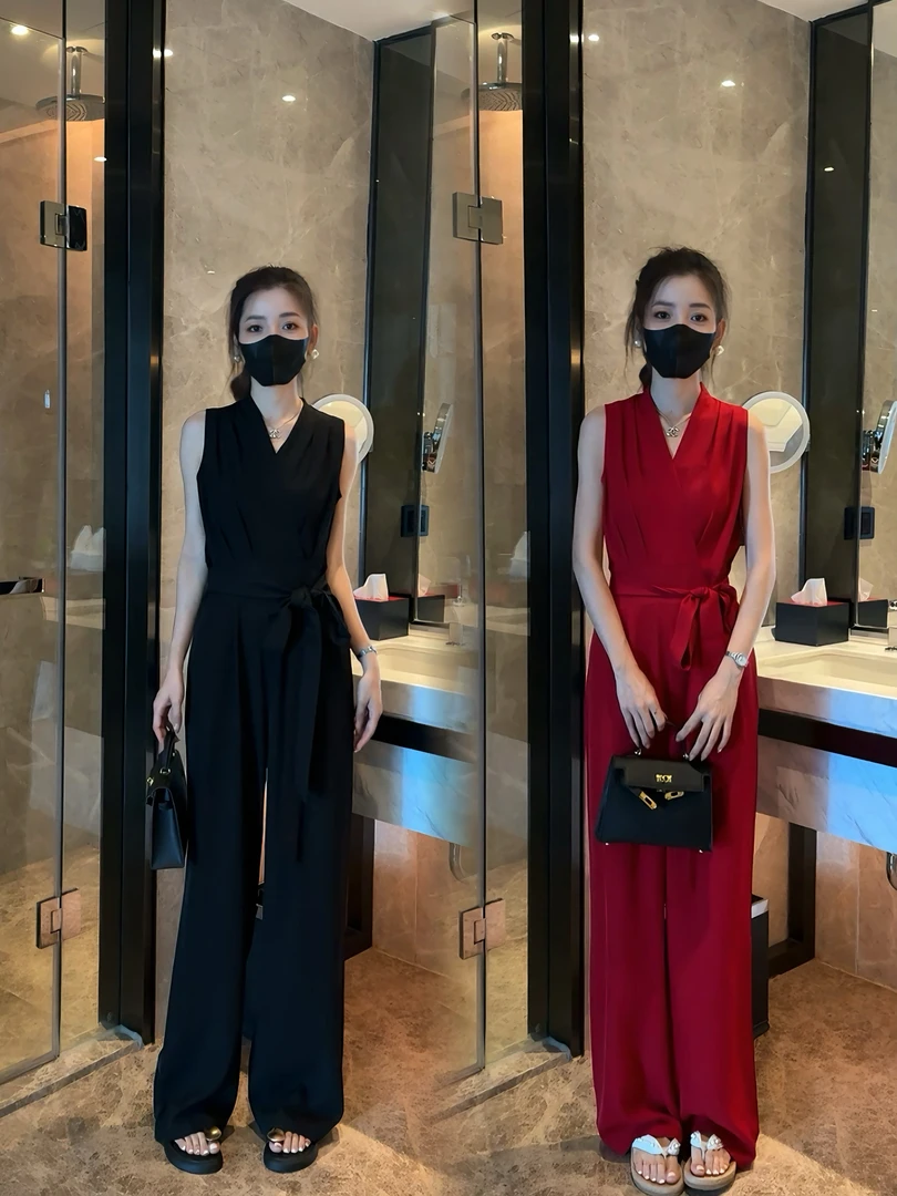 气质女人高级感无袖连体裤垂感收腰V领高腰修身显瘦阔腿裤夏季