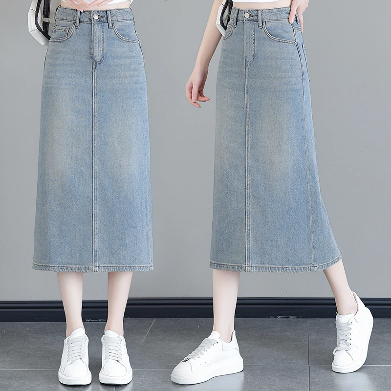 浅色后开叉牛仔半身裙女春秋2025新款夏季高腰a字刺绣直筒包臀裙