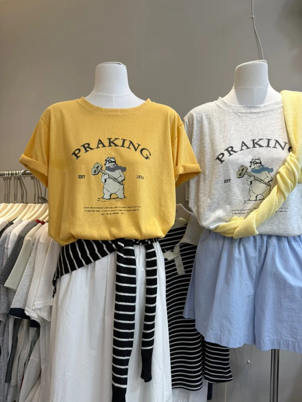 印花套装短袖见外包装卡通T恤宽松短款圆领休闲夏季小熊136