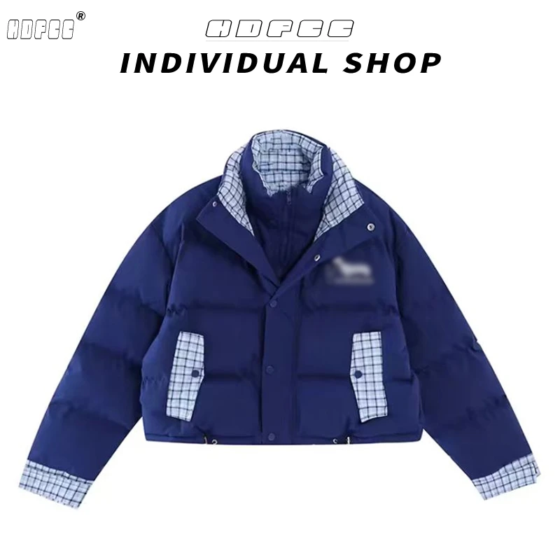 克莱因蓝设计感格子拼接棉服女装冬季新款假两件保暖防寒短款棉衣