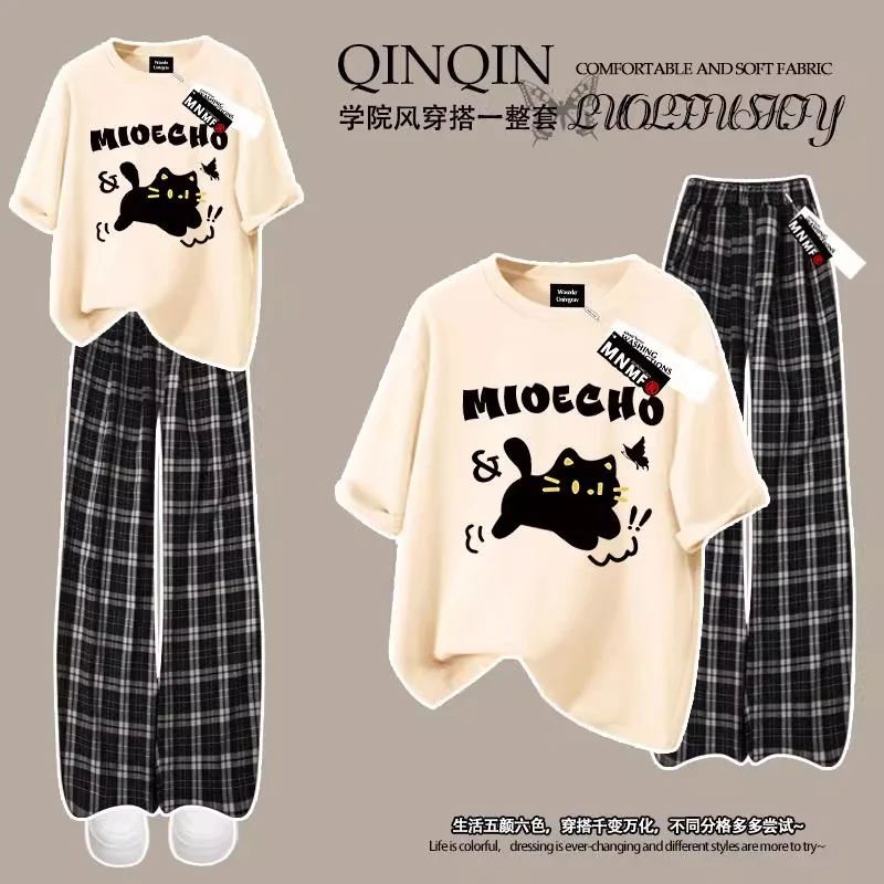 夏季女童纯棉短袖穿搭套装2025新款卡通小猫时髦中大童长裤两件套
