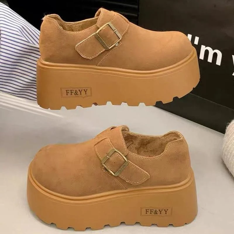 秋冬女鞋复古勃肯鞋一脚蹬加绒厚底增高乐福鞋松糕7cm博肯女