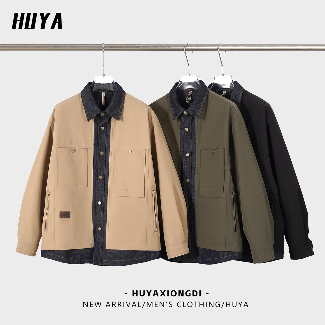 【牛仔假两件】HUYA冬季字母百搭外套工装双口袋男立领棉服 2406-1