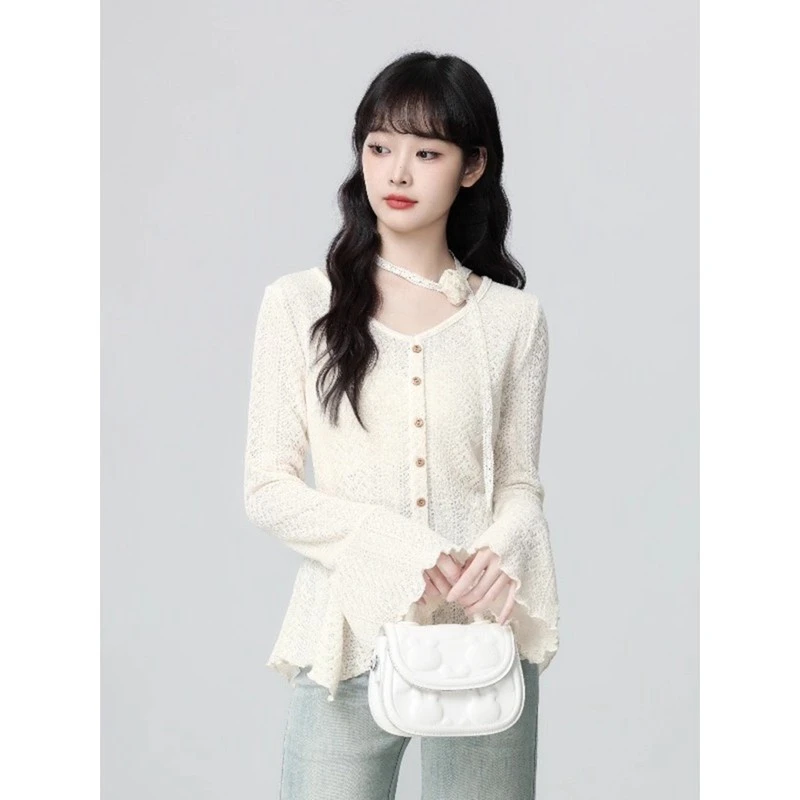 法式V领长袖针织开衫女秋装薄款2025秋季新款设计感收腰显瘦上衣