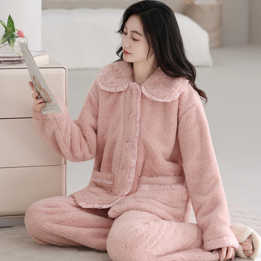 【蕾丝花边】毛绒雪花绒家居服套装秋冬可外穿女士法兰绒保暖睡衣