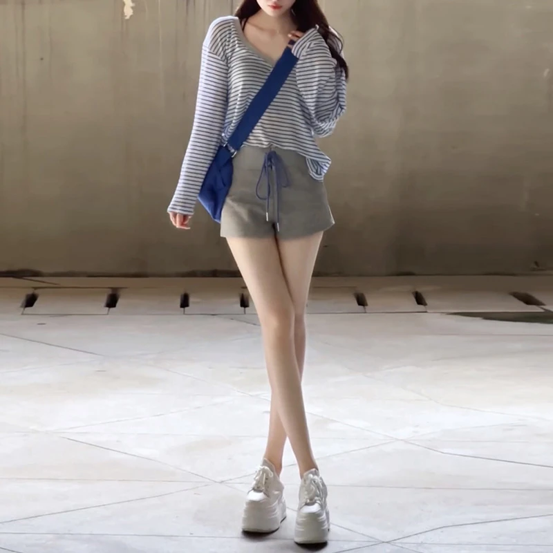 韩系条纹长袖t恤防晒罩衫高腰短裤2025夏季新款时尚显瘦两件套装