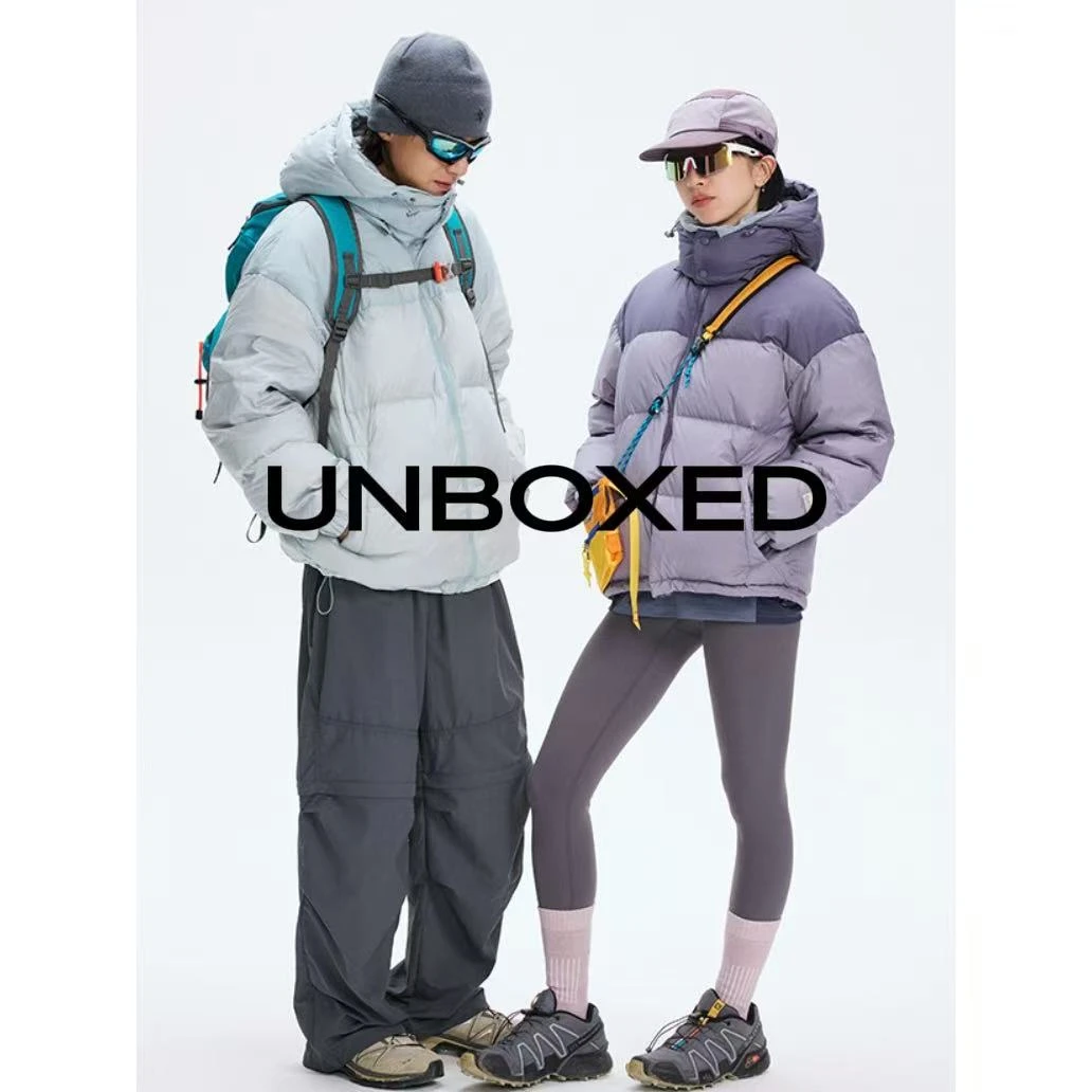 UNBOXED白鸭绒美式复古拼色防水连帽面包服男女美拉德加厚羽绒服