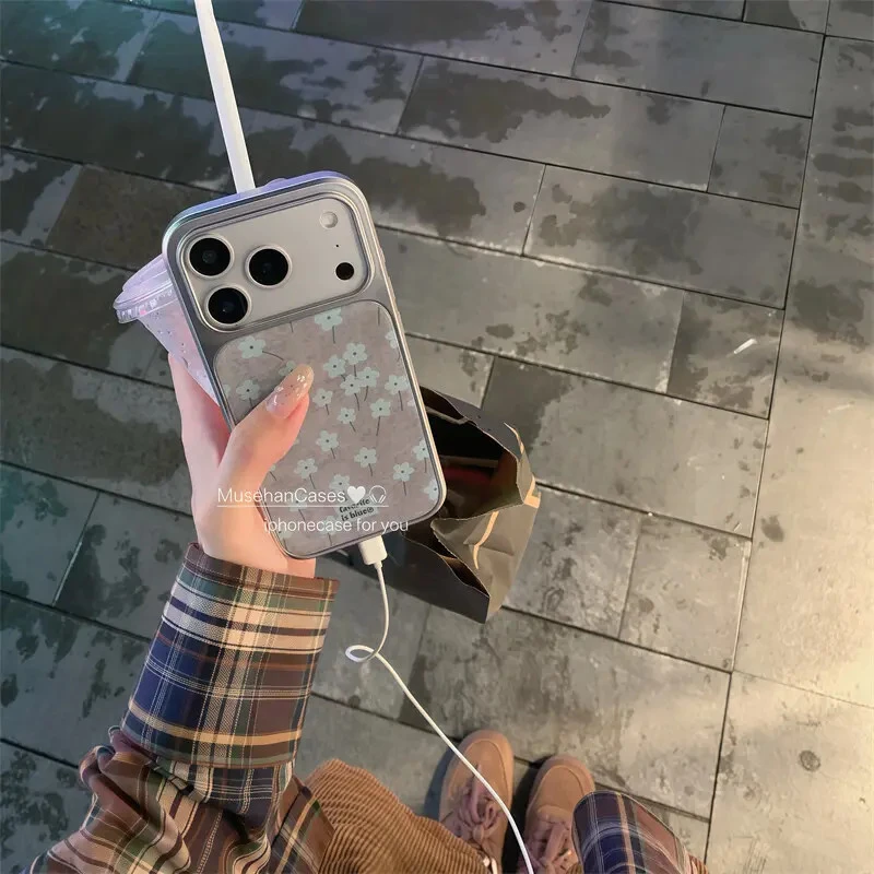 韩系ins秋日碎花毛呢灰适用苹果17ProMax滴胶16pro手机壳15少女14