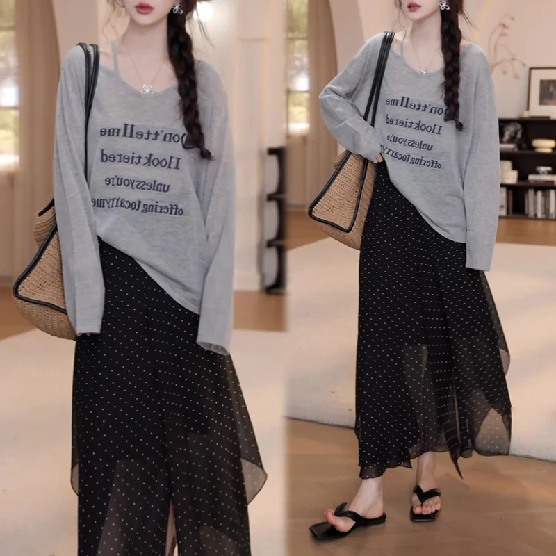 法式温柔风时尚套装女夏季新款露肩防晒长袖波点网纱半身裙两件套