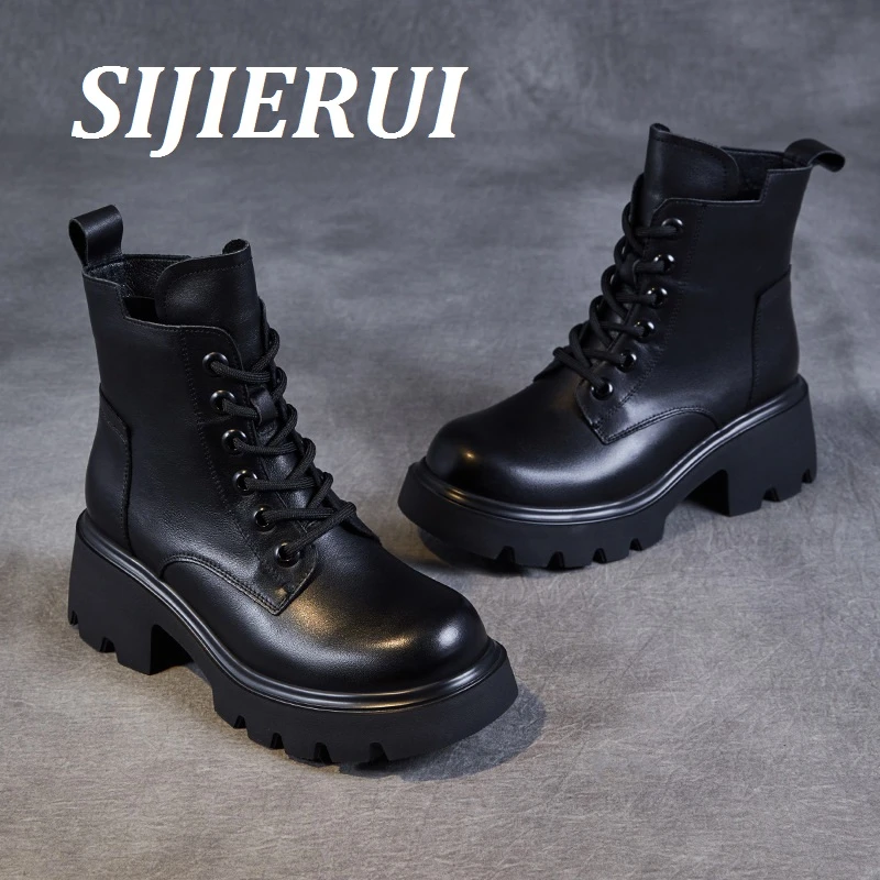 SIJIERUI马丁靴女英伦风2025年秋冬新款复古真皮短靴厚底增高单靴
