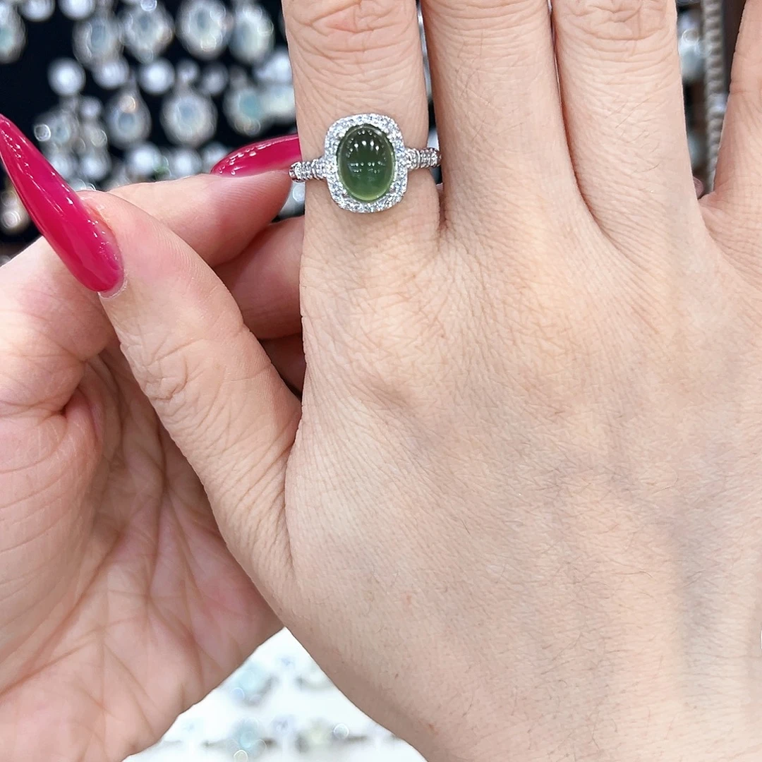 蛇纹石玉银S925镀金镶嵌戒指