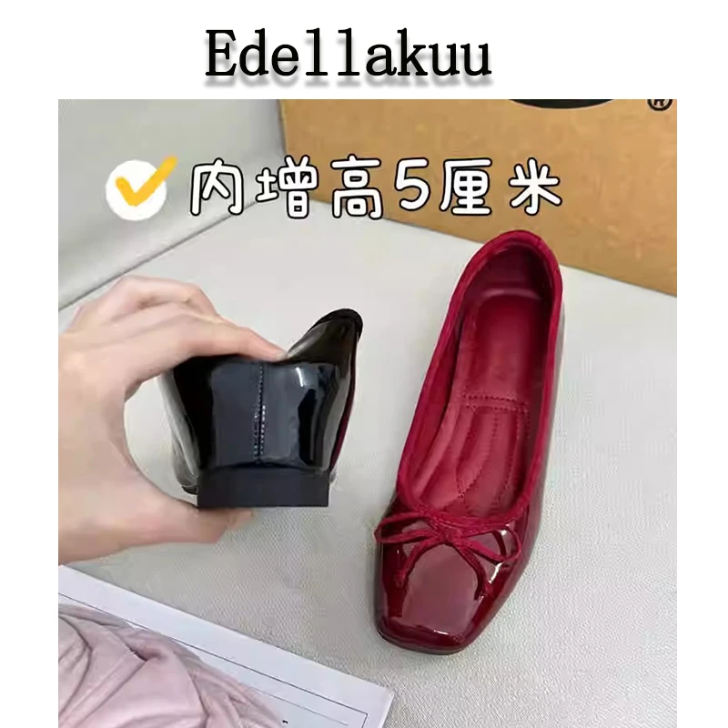 小个子冲！法式漆皮玛丽珍鞋女 内增高5cm显腿长 酒红方头芭蕾鞋33