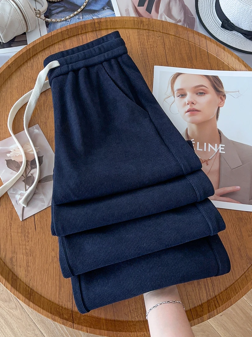 藏青色雪尼尔阔腿裤女秋冬季2025新款欧棉绒加绒加厚灯芯绒直筒裤