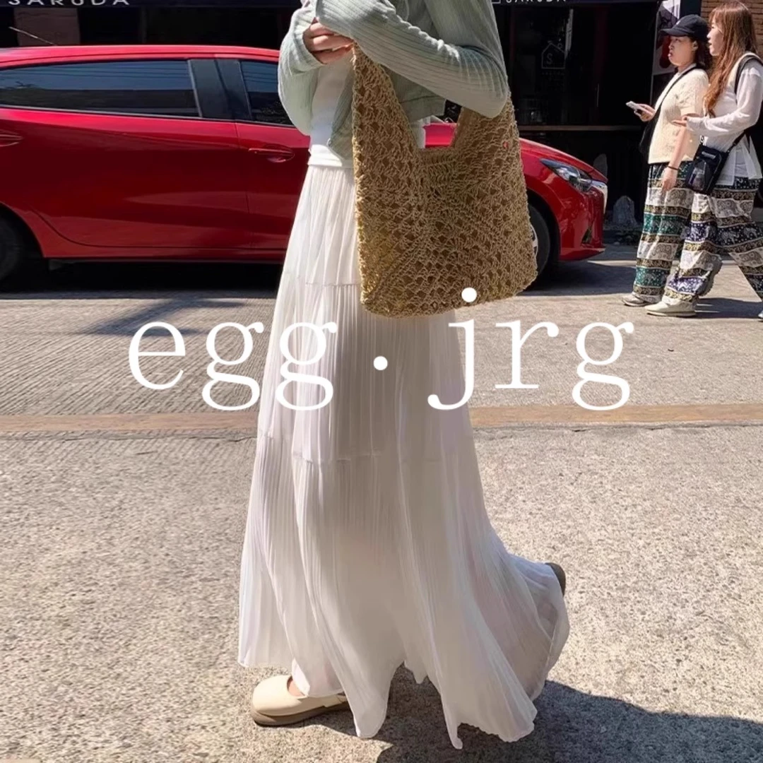 韩国EGG JRG百搭韩系⭐白色雪纺半身裙女伞裙小个子仙女a字长裙子