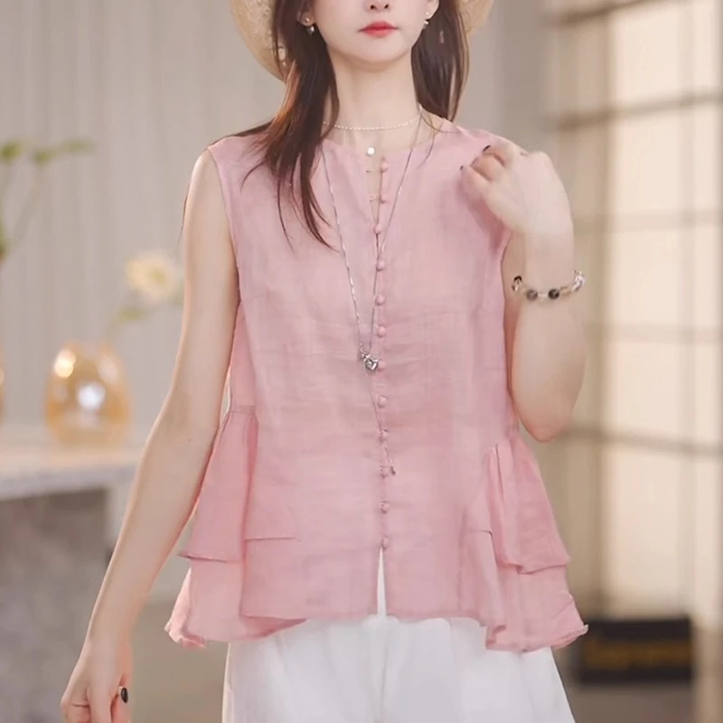 粉色圆领衬衫女2025夏季新款洋气减龄宽松休闲显瘦设计感无袖上衣