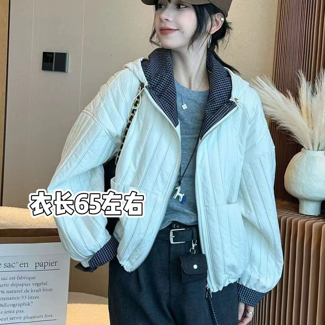 凤儿家- 9324 连帽格子轻薄夹棉拉链拼接外套