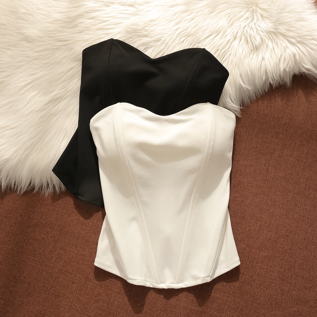 法式白色背心女遮副乳婚纱礼服紧身鱼骨胸衣绝美黑色抹胸上衣收腰