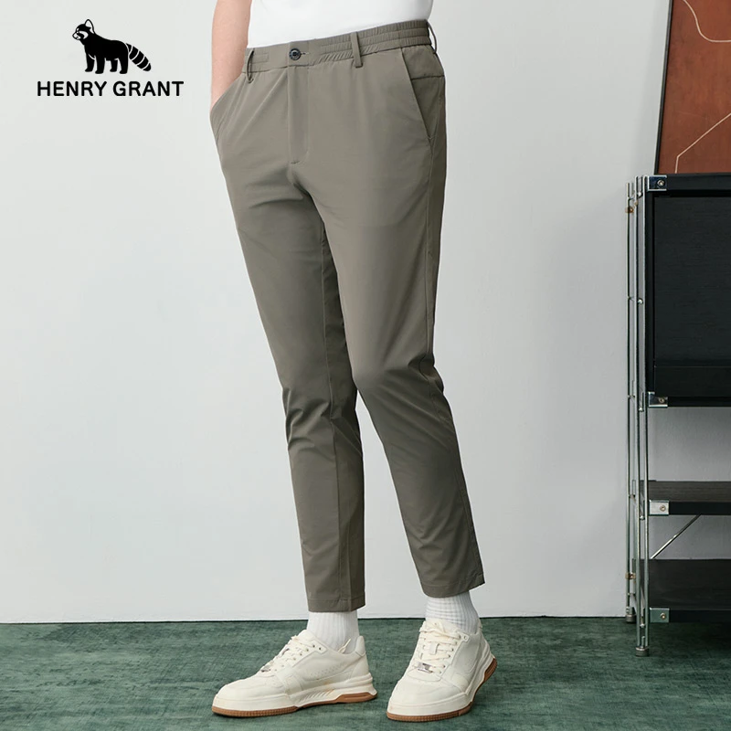 亨利格兰小熊猫秋夏绿色商务休闲裤弹力锥形裤男裤松紧腰薄款裤子