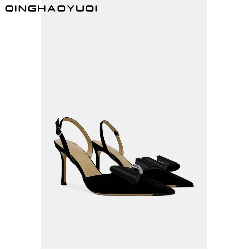 轻奢水钻一字带尖头时装凉鞋女细跟蝴蝶结设计感小众高跟夏季单鞋